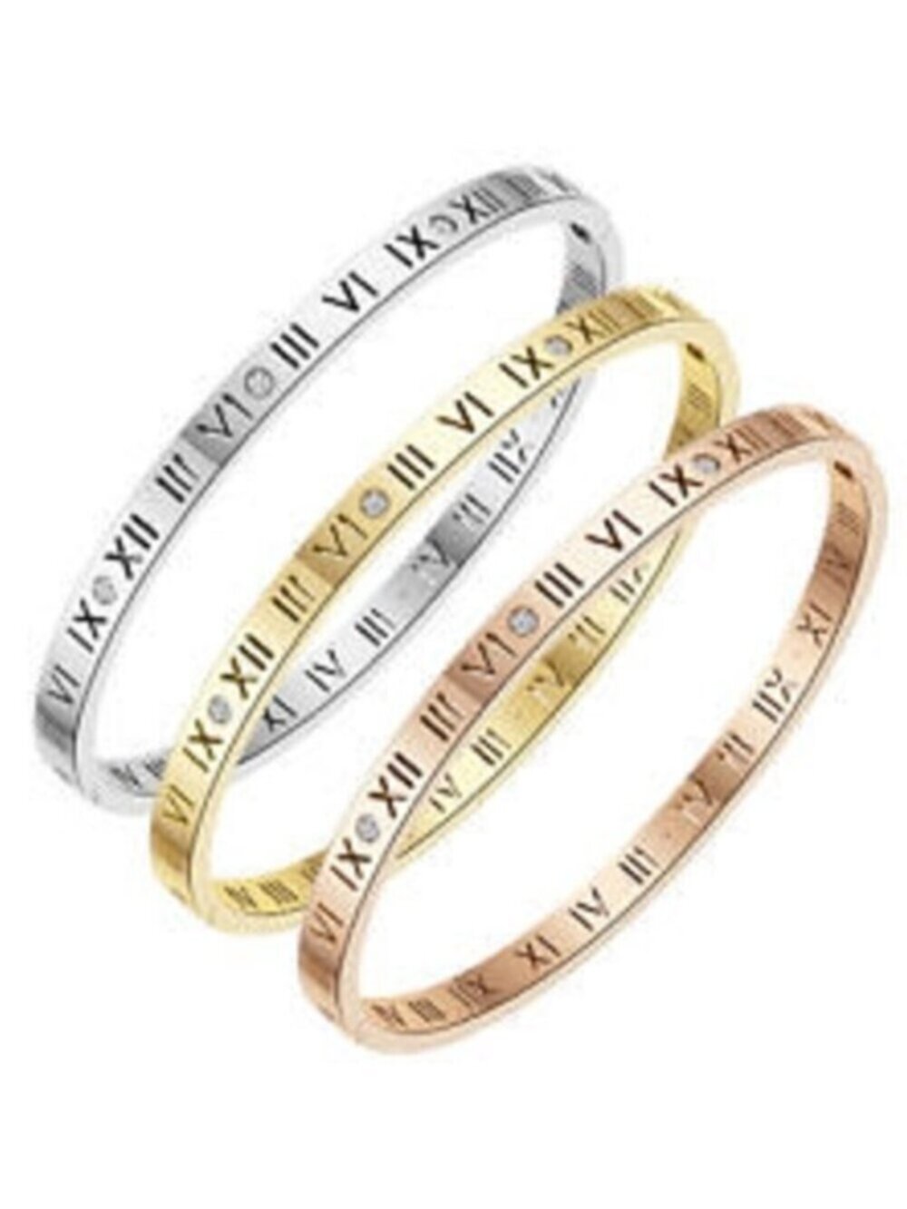 Crystal Roman Numeral Laser Cut Out Bracelets Set Yellow Silver Rose Gold